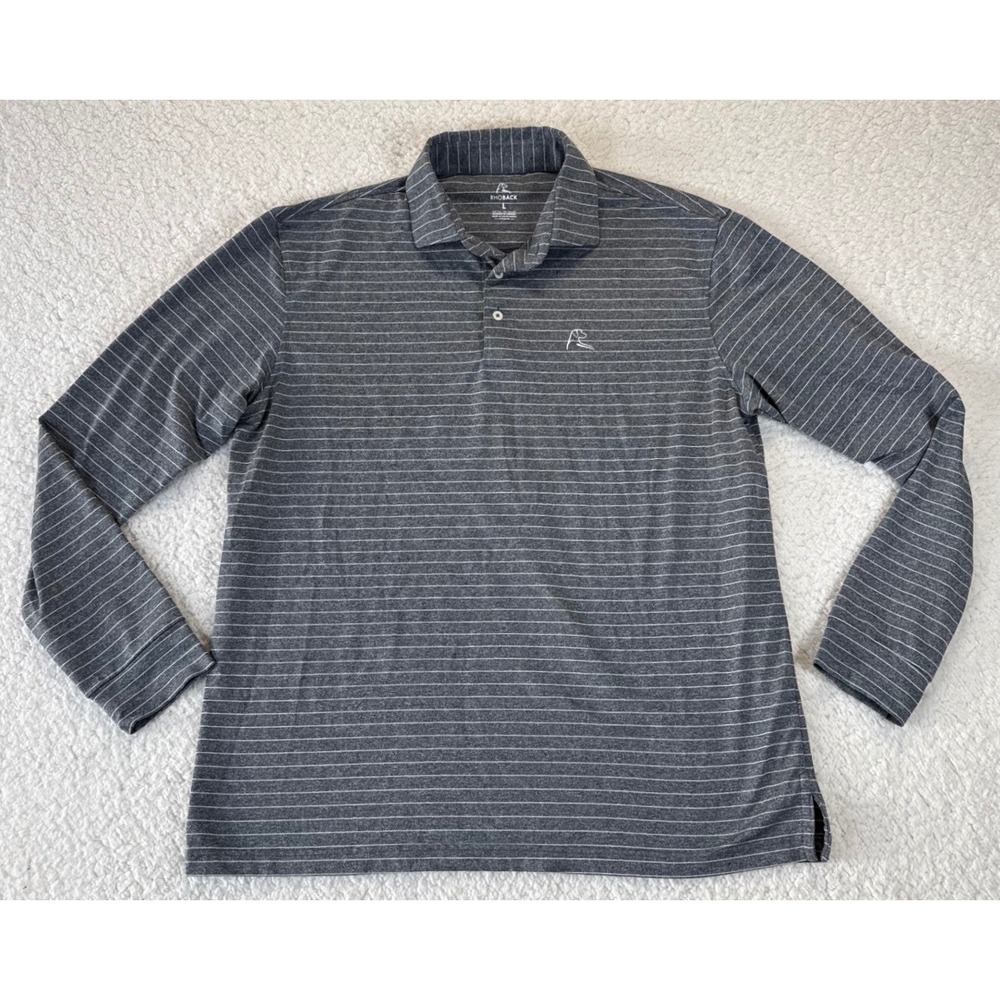 Rhoback‎ Grey Striped Long Sleeve Performance Golf Polo Shirt Mens Large
